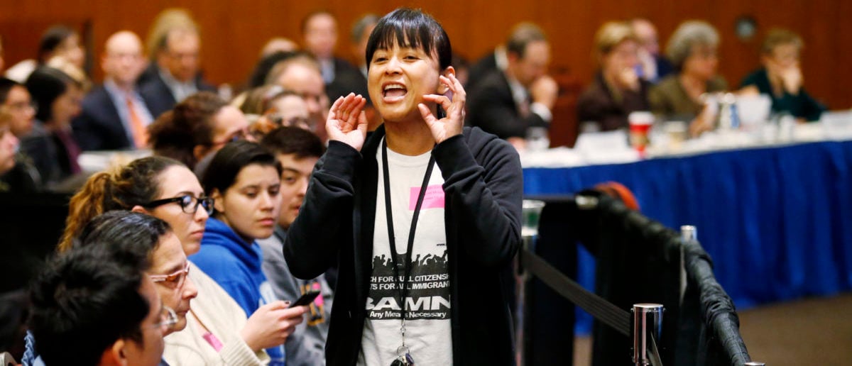 Yvette Felarca, from By Any Means Necessary, yells during the voting portion of a University of California Regents meeting, on a vote to raise tuition, at the University of California, San Francisco November 19, 2014. REUTERS/Beck Diefenbach