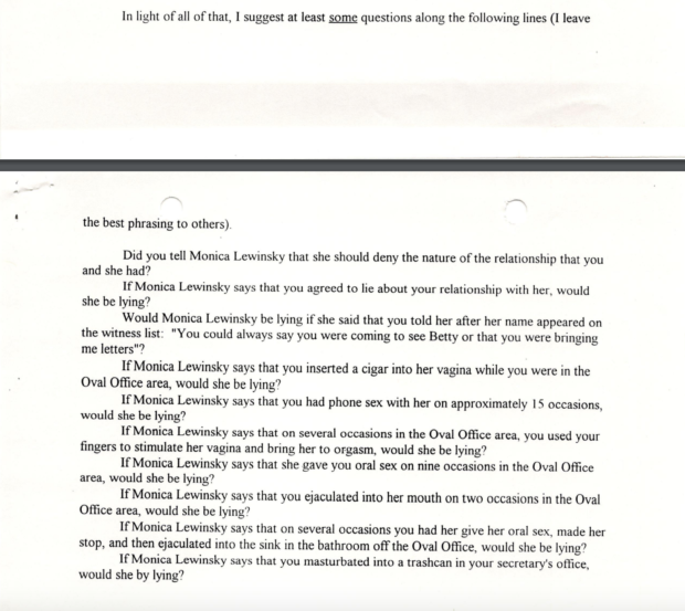 Brett Kavanaugh's proposed questions for President Bill Clinton's deposition. (Screenshot/National Archives)