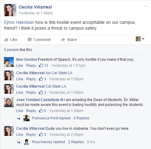 Cal State student denouncing YAF event [Facebook screengrab]