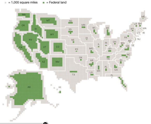 The green shaded area on the map illustrates the amount of land owned by the federal government (Image provided by the Congressional Research Service) 