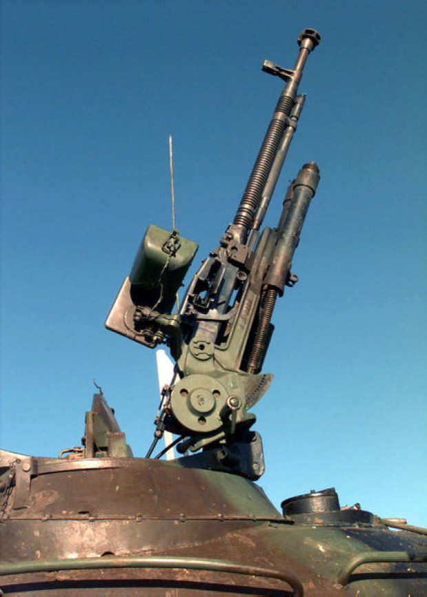 A 12.7mm machine gun mounted on a T-55 Main Battle Tank. The Croatian Defense Council (HVO) Army was granted use of Barbara Range in Glamoc, Bosnia and Herzegovina, for the first time in 18 months to allow their troops time to practice firing artillery. During the three day exercise, the HVO Army fired the main guns of the T-55 and 122mm Howitzer D-30J field artillery pieces (not shown). (Duplicate image, see also DF-SD-99-01498 or search 980110-F-7866P-514)