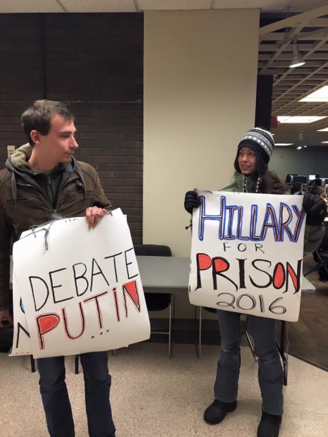 Anti-Hillary sign outside the DNC Debate in Milwaukee on Feb. 11, 2016 (Philip DeVoe)