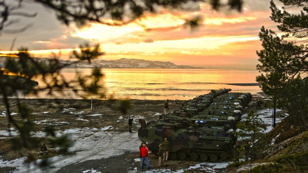 U.S. Marine Corps amphibious assault vehicles before a public "splash" demonstration in the Trondheim Fjord in Norway, Jan. 10. (Master Sgt. Chad McMeen/U.S. Marine Corps)