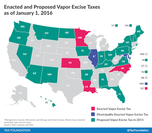 Enacted and Proposed Vapor Excise Taxes as of January 1, 2016
