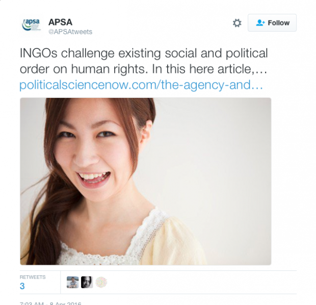 Screengrab of a deleted tweet by the American Political Science Association, which used a stock photo of an Asian woman. [Twitter screengrab]