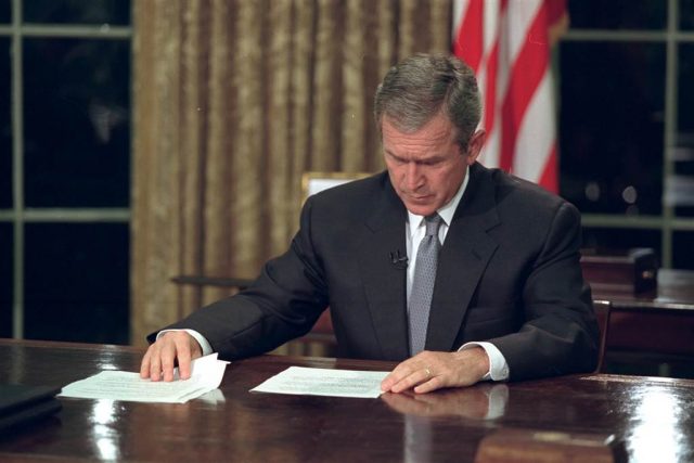 Bush before he addressed the nation from the Oval Office. (Photo: Eric Draper / George W. Bush Presidential Library and Museum)