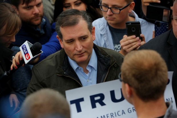 U.S. Republican presidential candidate Ted Cruz speaks with supporters of fellow candidate Donald Trump at a campaign event outside The Mill in Marion, Indiana