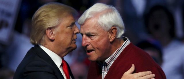 U.S. Republican Presidential candidate Donald Trump embraces legendary basketball coach Bobby Knight at a campaign event in Indianapolis, Indiana, United States, April 27, 2016.