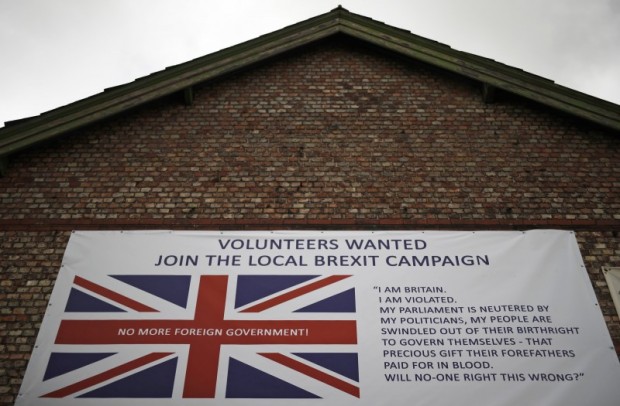 A banner encouraging people to support a local Brexit campaign hangs on the side of a building in Altrincham. REUTERS/Phil Noble