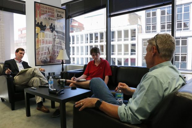 Libertarian Party presidential nominee Gary Johnson is interviewed June. 7, 2016 by reporters in The Daily Caller Lounge. (photo by Katie Frates).