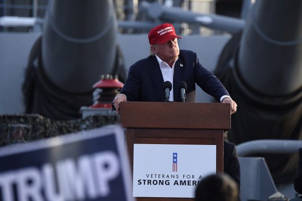 Republican presidential candidate Donald Trump gives a national security speech aboard the World War II Battleship USS Iowa, September 15, 2015, in San Pedro, California. AFP PHOTO /ROBYN BECK (Photo credit should read ROBYN BECK/AFP/Getty Images)