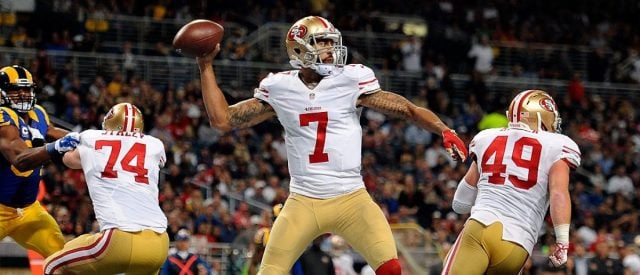 Colin Kaepernick of the San Francisco 49ers throws a pass against the St. Louis Rams in the second quarter at the Edward Jones Dome on November 1, 2015 in St. Louis, Missouri.