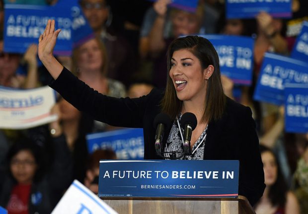 LAS VEGAS, NV - FEBRUARY 14: Democratic congressional candidate Lucy Flores speaks at a campaign rally for Democratic presidential candidate Sen. Bernie Sanders (D-VT) at Bonanza High School on February 14, 2016 in Las Vegas, Nevada. Sanders is challenging Hillary Clinton for the Democratic presidential nomination ahead of Nevada's February 20th Democratic caucus. (Photo by Ethan Miller/Getty Images)