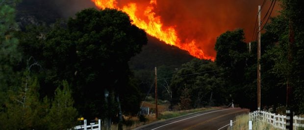 Firefighters battle a wildfire in temperatures well over 100F as it burns near Potrero, California,