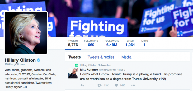 A screen shot of Hillary Clinton re-tweeting Mitt Romney's criticism of Donald Trump.
