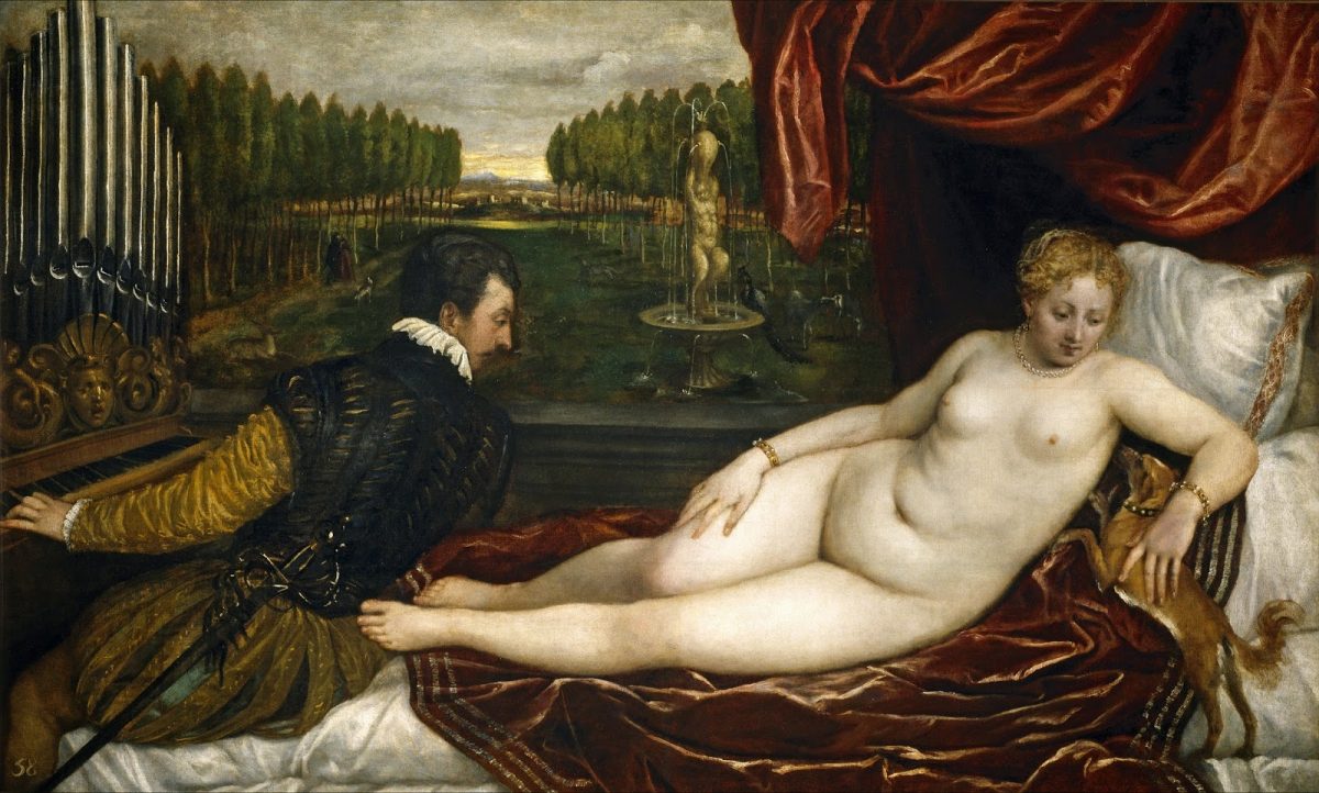 "Venus and an Organist and a Little Dog ," by Titian.