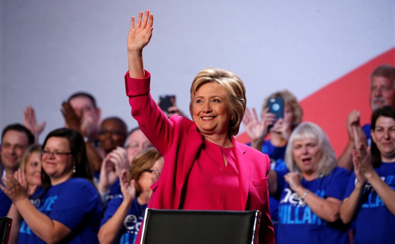 Hillary Clinton waves to supporters after speaking at the National Education Association’s 95th Representative Assembly (Reuters Pictures)