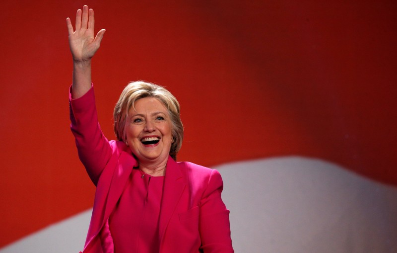 Democratic presidential candidate Clinton waves to supporters as she arrives to speak at the National Education Association’s 95th Representative Assembly in Washington (Reuters Pictures)