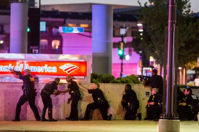 Dallas Police respond after shots were fired at a Black Lives Matter rally in downtown Dallas. Smiley N. Pool/The Dallas Morning News/Handout via REUTERS