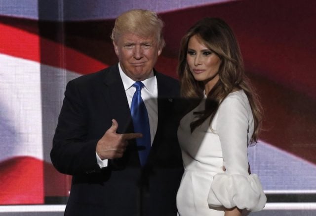Donald Trump gestures at his wife Melania after she concluded her remarks. (Photo: REUTERS/Mike Segar)
