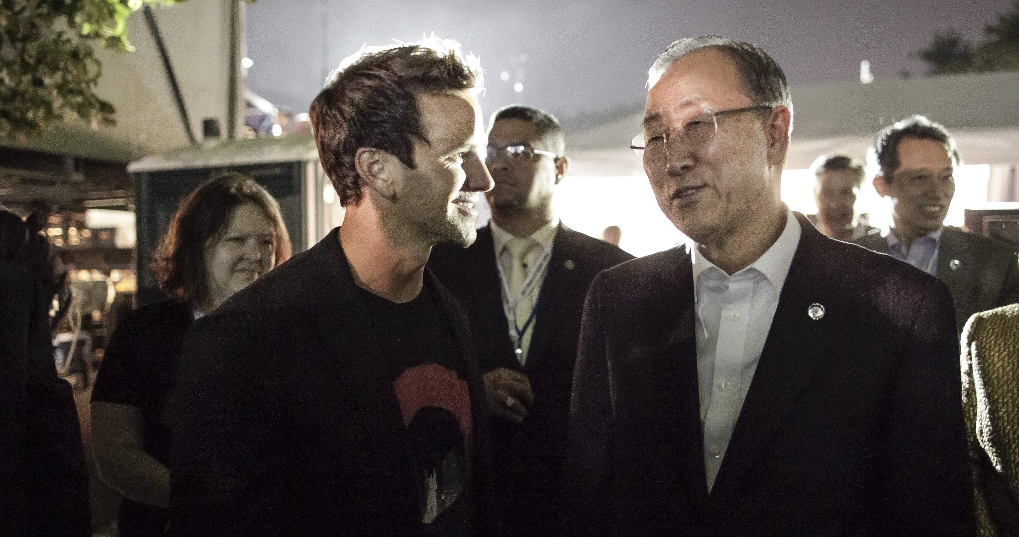 Former Illinois Rep. Aaron Schock with United Nations Secretary-General Ban Ki-moon at the Global Citizen Festival
