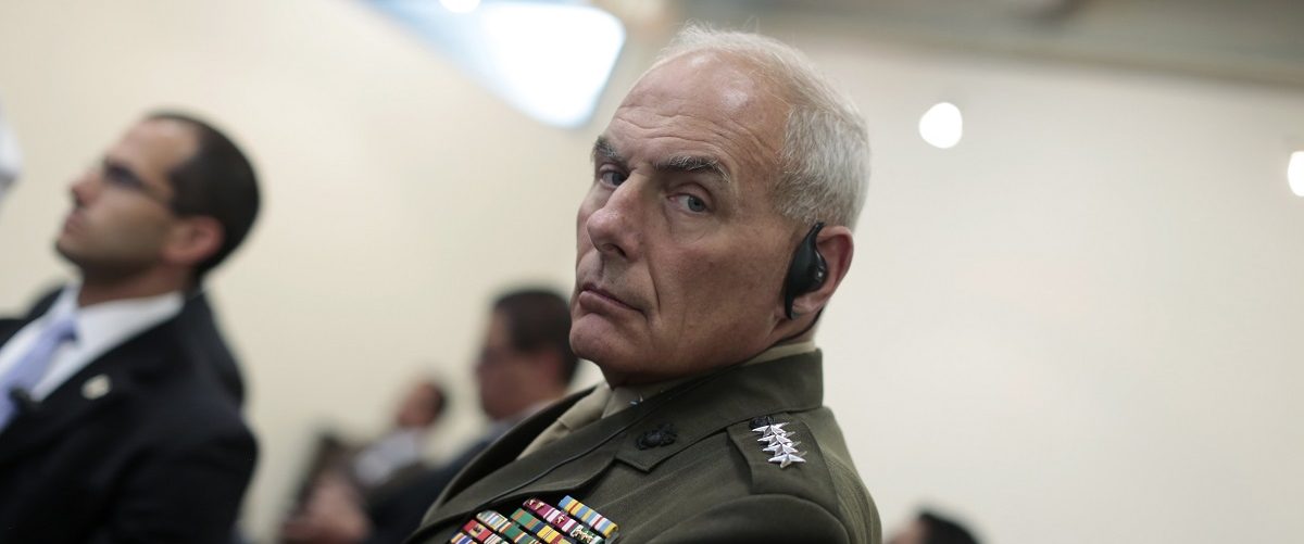 U.S. Marine Corps General Kelly attends a news conference after a meeting with ministers in Guatemala's Ministry of Foreign Affairs, Guatemala City