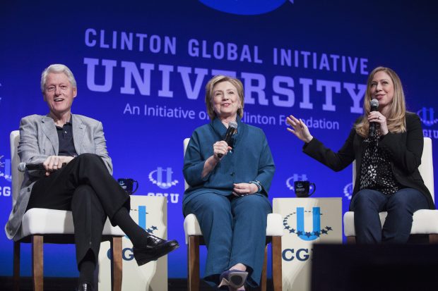 Bill, Hillary and Chelsea Clinton, discuss Clinton Global Initiative University during closing plenary session on second day of 2014 Meeting of Clinton Global Initiative University at Arizona State University in Tempe