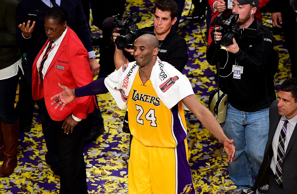 Kobe Bryant reacts following his final game as a Laker in their season-ending NBA western division matchup aginst the Utah Jazz in Los Angeles, California on April 13, 2016, where the Lakers defeated the Jazz 101-96. / AFP / FREDERIC J. BROWN (Photo credit should read FREDERIC J. BROWN/AFP/Getty Images)