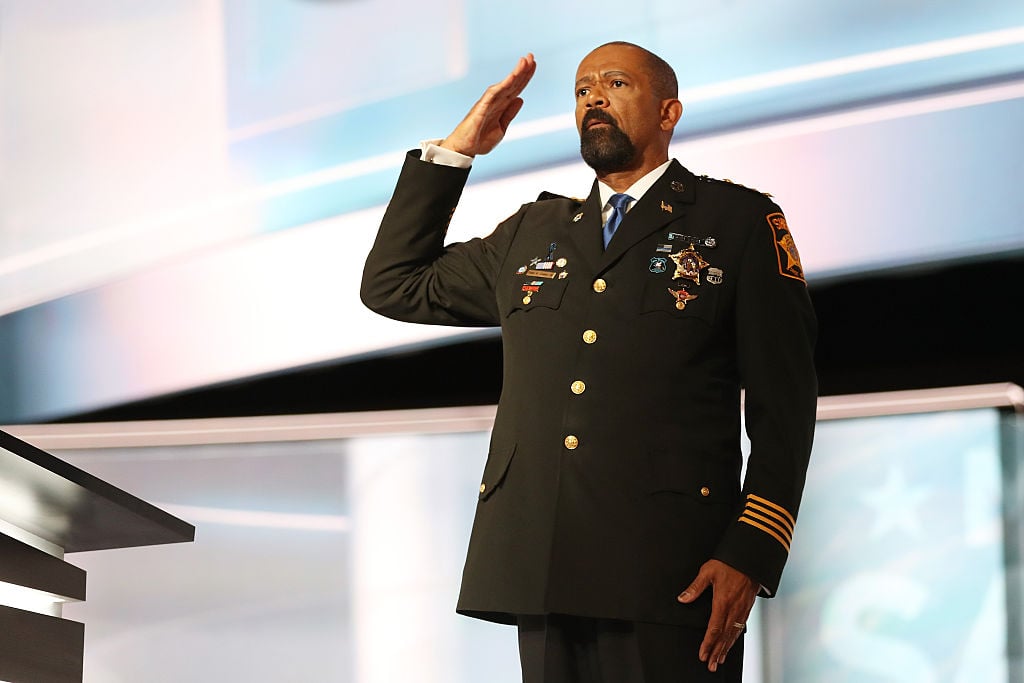 Milwaukee County Sheriff David Clarke salutes the crowd prior to delivering his speech on the first day of the Republican National Convention (Getty Images)