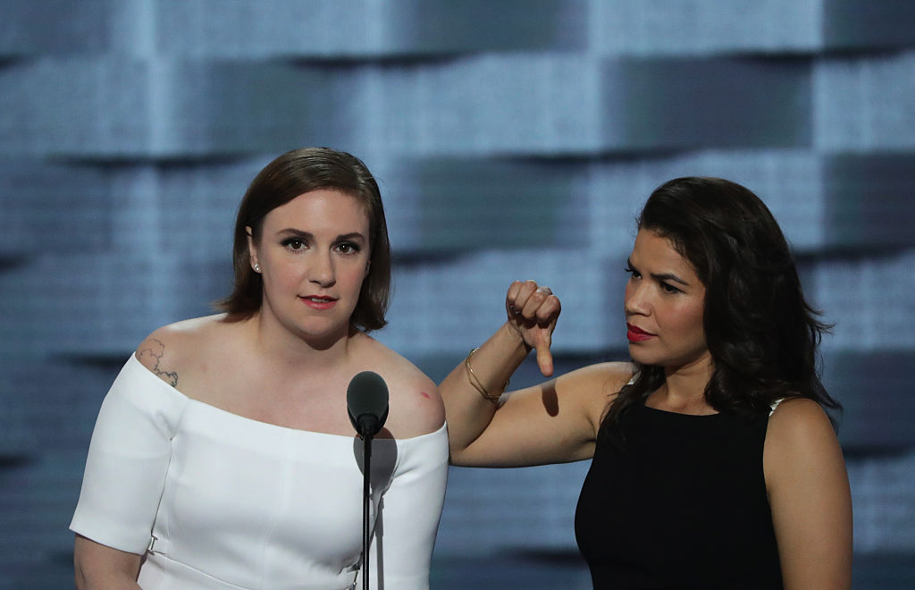 Lena Dunham and America Fererra deliver remarks on the second day of the Democratic National Convention at the Wells Fargo Center on July 26, 2016 (Getty Images)
