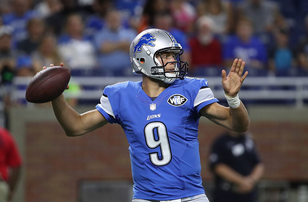 DETROIT, MI - AUGUST 18: Matthew Stafford #9 of the Detroit Lions drops back to pass during the first quarter of the preseason game against the Cincinnati Bengals at Ford Field on August 18, 2016 in Detroit, Michigan. (Photo by Leon Halip/Getty Images)