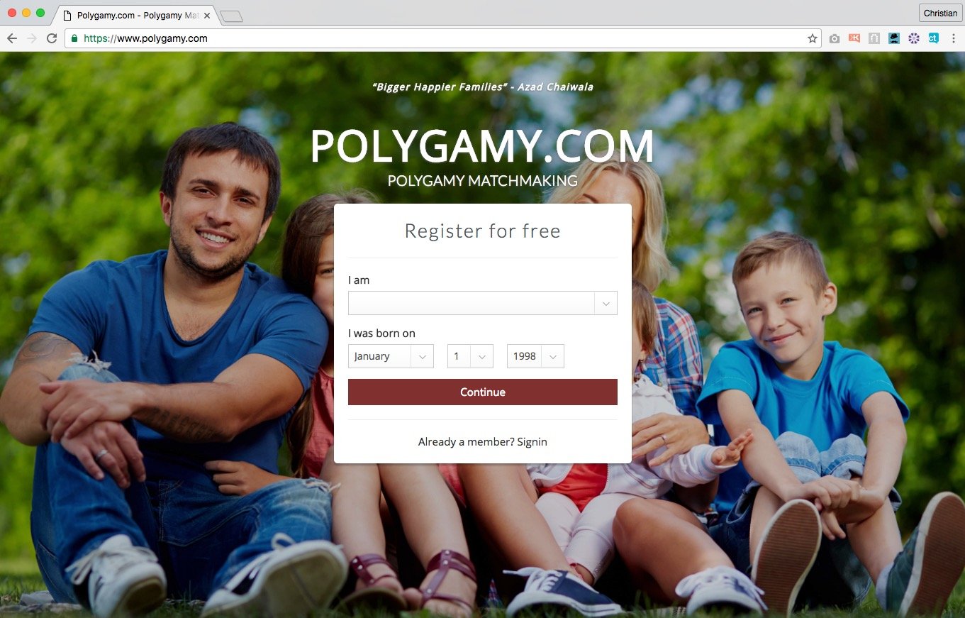 The screenshot that greets new visitors to Polygamy.com (screenshot)