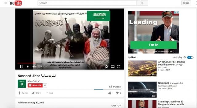 Screenshot of Trump ad running alongside the YouTube video "Nasheed jihad" taken by GIPEC researchers in New York, NY. (Screenshot/YouTube/GIPEC)