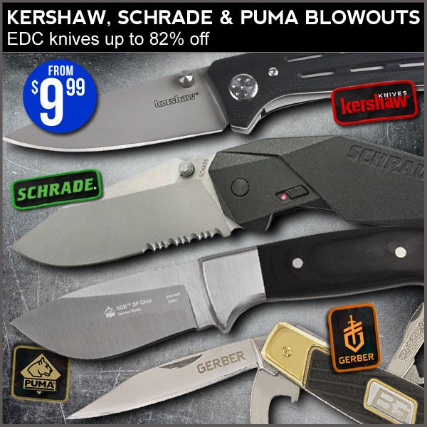 Kershaw, Scrade & Puma knives are as low as $9.99 (Photo via Field Supply)