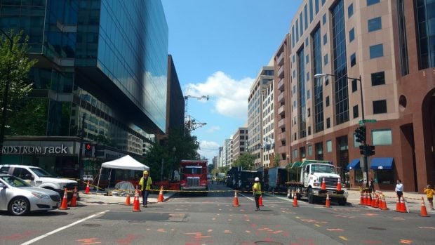 Major DC Street shut down two days after fire. (Andrew Follett/Daily Caller)