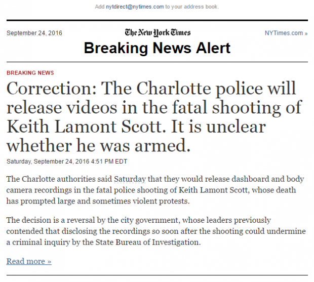The New York Times' corrected breaking news alert. [Email screengrab]