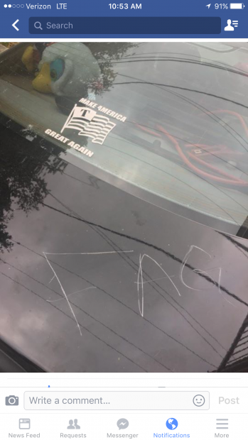 A car allegedly vandalized with the word "FAG" due to its pro-Trump sticker. [Anonymous Appalachian State University student]