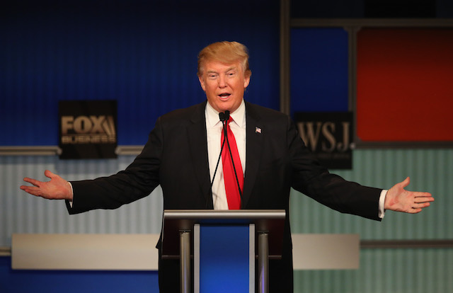 MILWAUKEE, WI - NOVEMBER 10: Presidential candidate Donald Trump speaks during the Republican Presidential Debate sponsored by Fox Business and the Wall Street Journal at the Milwaukee Theatre November 10, 2015 in Milwaukee, Wisconsin. The fourth Republican debate is held in two parts, one main debate for the top eight candidates, and another for four other candidates lower in the current polls. (Photo by Scott Olson/Getty Images)