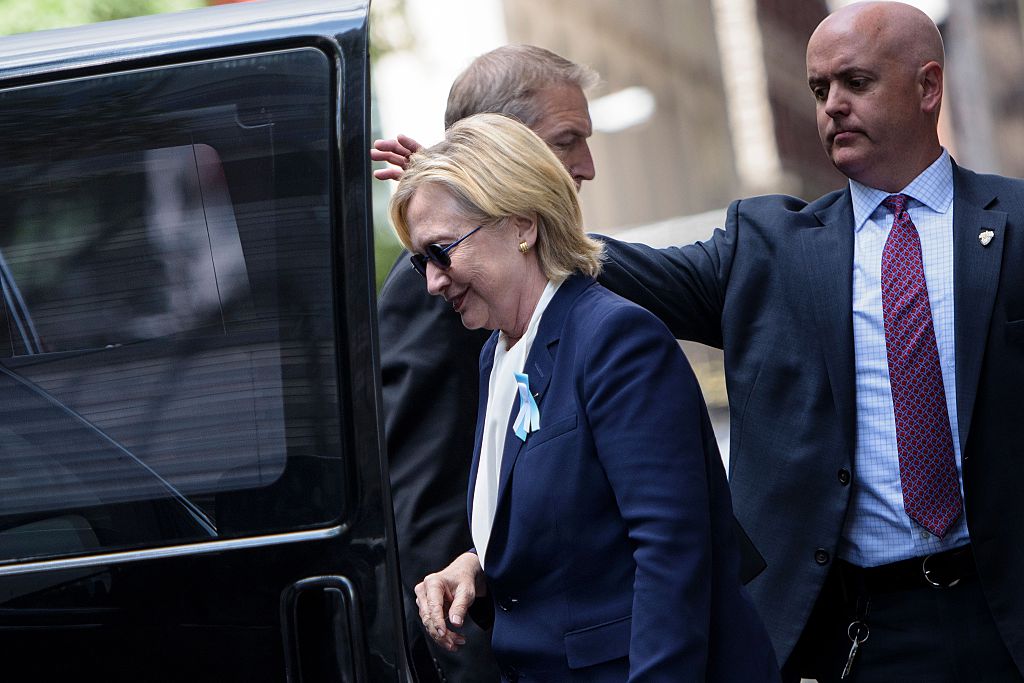 Hillary Clinton gets in her car while leaving her daughter's apartment building on September 11, 2016 in New York (Getty Images)