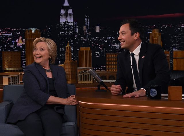 Hillary Clinton speaks with talk show host Jimmy Fallon as she attends the taping of The Tonight Show in New York, on September 16, 2016. (Getty Images)