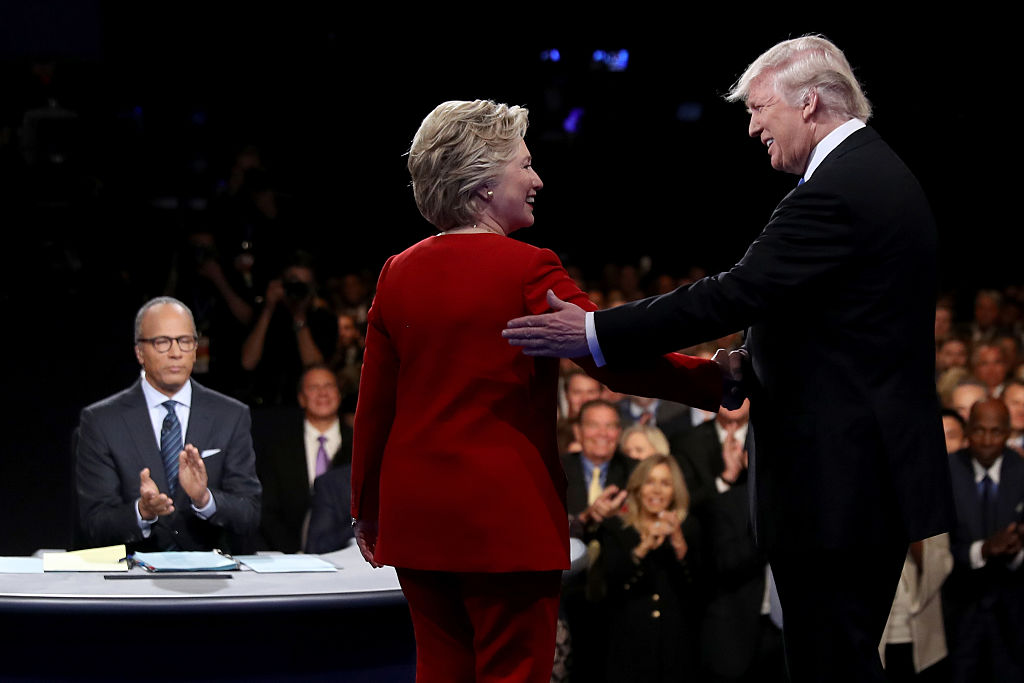 Hillary Clinton, Donald and Lester Holt onstage at the first presidential debate (Getty Images)
