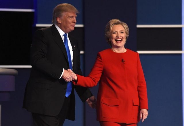 Democratic nominee Hillary Clinton shakes hands with Republican nominee Donald Trump after the first presidential debate at Hofstra University in Hempstead, New York on September 26, 2016