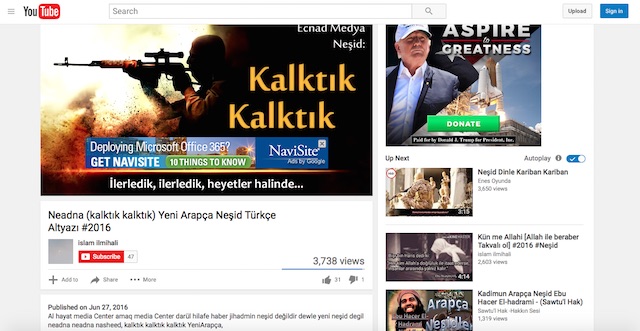 Screenshot of Trump ad running alongside the Turkish translation of the nasheed Nahadna Nahadna, taken by GIPEC researchers in New York, NY. (Screenshot/YouTube/GIPEC)