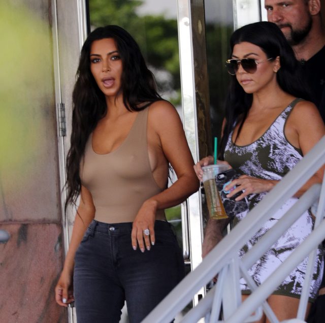Kim Kardashian Wears No Bra With A Nude Bodysuit Out In Public.