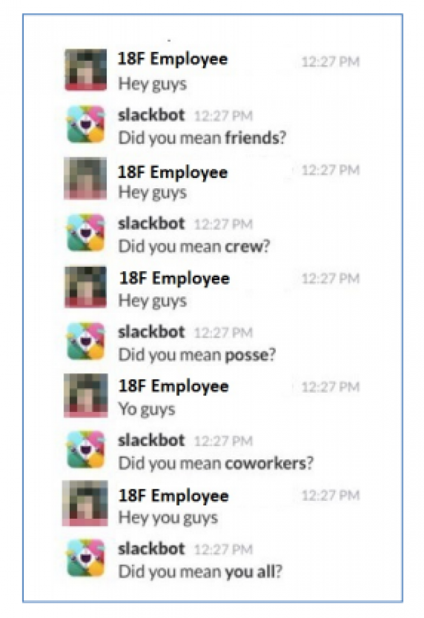 18F chatbot discouraging employees from using he phrase 'you guys.' [General Services Administration report screenshot]