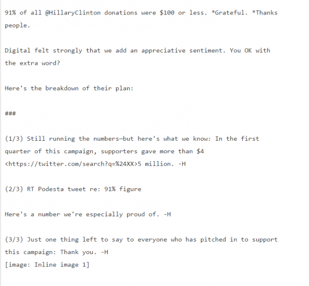 Clinton staffers lay out the 'plan' for her 'personal' tweets. [Wikileaks screengrab]
