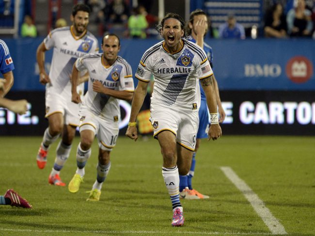 Los Angeles Galaxy forward Alan Gordon (9) reacts after scoring a goal against the Montreal Impact during the second half at Stade Saputo in 2014
