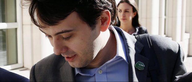 Martin Shkreli, former chief executive officer of Turing Pharmaceuticals and KaloBios Pharmaceuticals Inc, wears a Pepe the Frog lapel pin as he arrives for a hearing at U.S. Federal Court in Brooklyn, New York, October 14, 2016