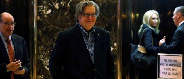Campaign CEO Stephen Bannon departs the offices of Republican president-elect Donald Trump at Trump Tower in New York, New York, U.S. on November 11, 2016. REUTERS/Carlo Allegri/File Photo