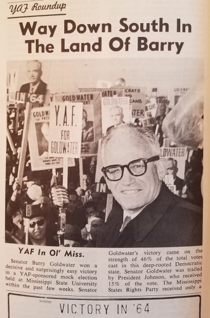 Young Americans for Freedom members meet Barry Goldwater at an airport in 1964, as featured in The New Guard magazine Lee founded.